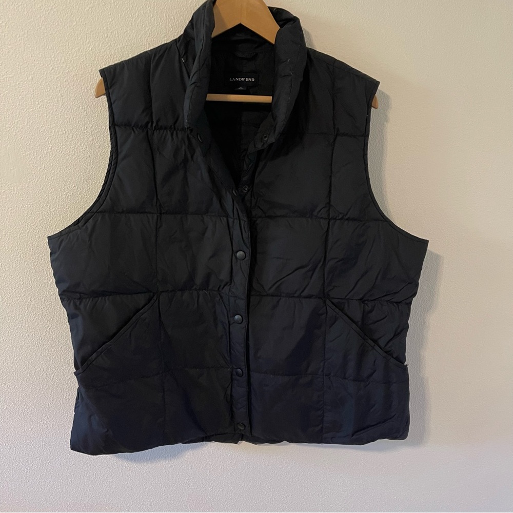 Lands’ End Goose Down Quilted Puffer Vest Black Pockets Snap Button X-Large